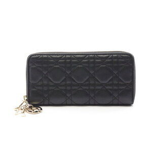 Dior Lady Cannage round long wallet black leather